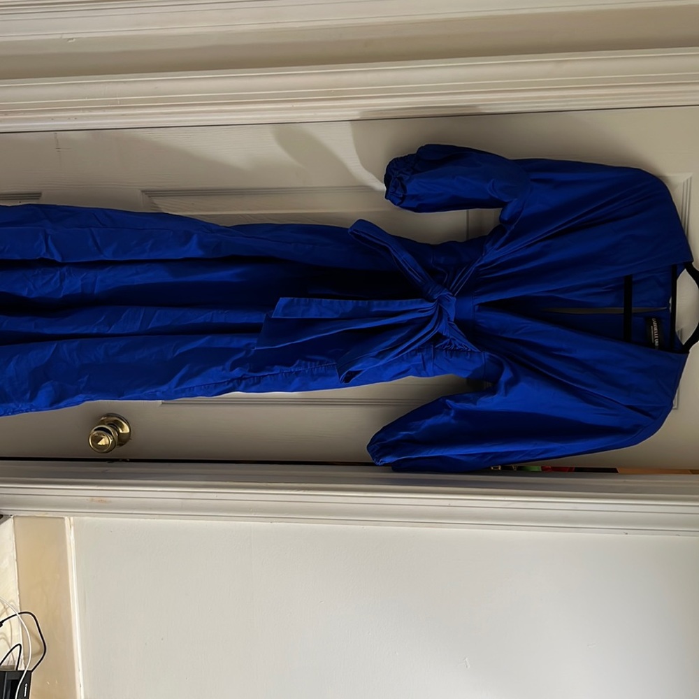 New York & Company blue jumpsuit with bow.